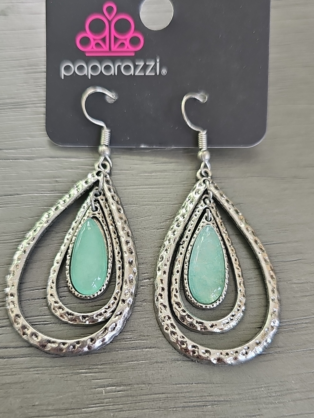 Paparazzi Silver Teardrop Earrings with Mint Green Stone